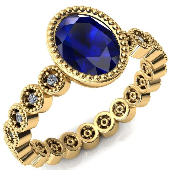 Borea Oval Blue Sapphire Milgrain Bezel Full Eternity Diamond Accent Ring Fire Brilliance Rings