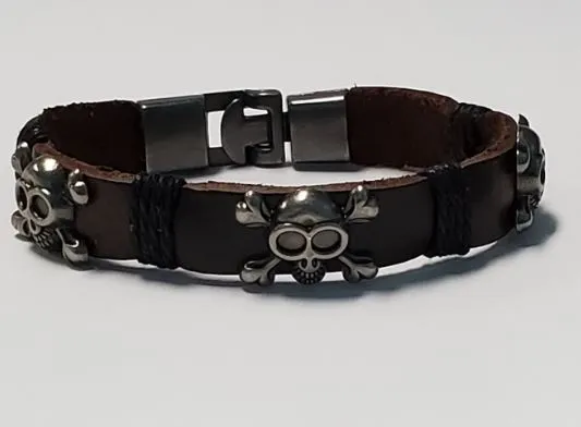 Bracelets POLLY B581 Multi Skulls Goggles Brown Leather Black Cord Bracelet
