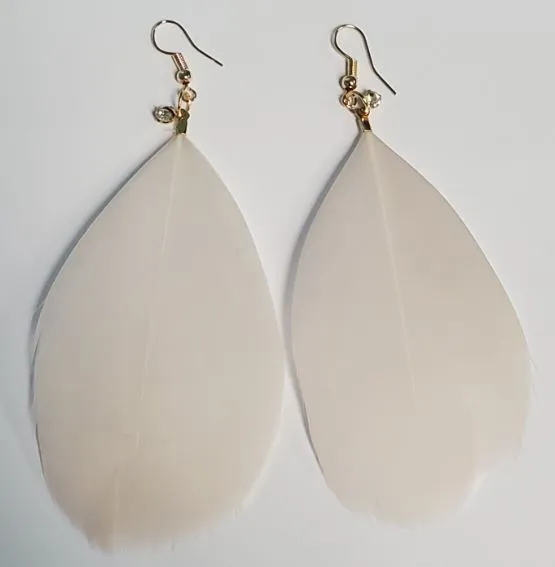 Earrings POLLY E96 Large Beige Feather with Rhinestone Earrings