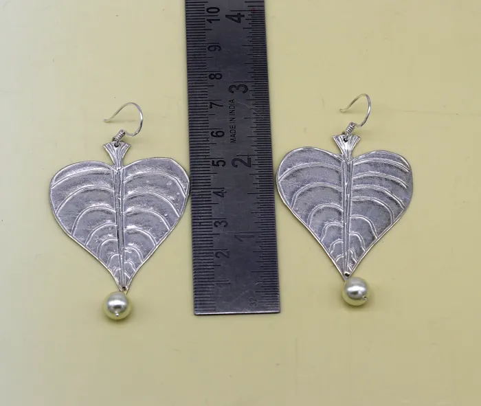 Earrings TRIBAL ORNAMENTS 925 sterling silver handmade peepal tree leaf earring with pretty hanging pearl excellent customized hoops earring summer collection ear490