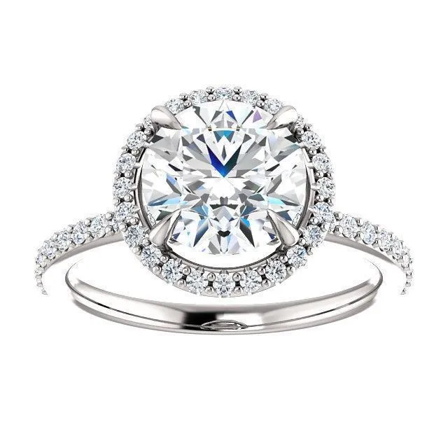Fire Brilliance Rings 12mm or 6 Cts DEW Round Moissanite Center Stone Diamond Accent Ice Halo 950 Platinum Ring