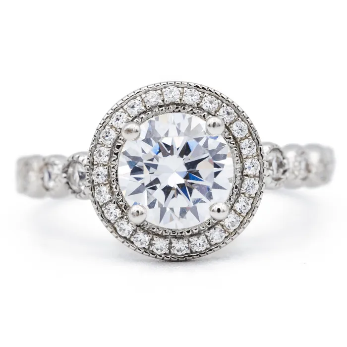 Fire Brilliance Rings 75mm Round Center 14K White Solid Gold Diamond Halo Milgrain Design Ring Fire Brilliance Rings 75mm Round Center 14K White Solid Gold Diamond Halo Milgrain Design Ring