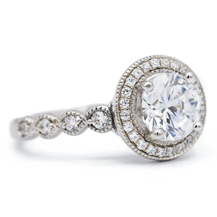 Fire Brilliance Rings 75mm Round Center 14K White Solid Gold Diamond Halo Milgrain Design Ring