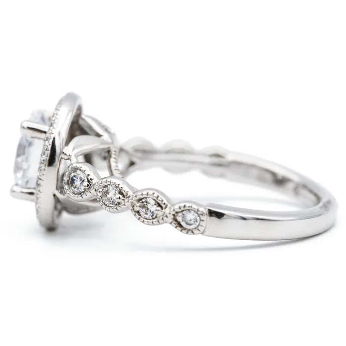 Fire Brilliance Rings 75mm Round Center 14K White Solid Gold Diamond Halo Milgrain Design Ring