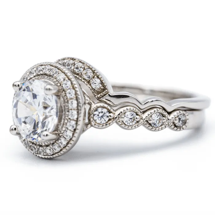 Fire Brilliance Rings 75mm Round Center 14K White Solid Gold Diamond Halo Milgrain Design Ring