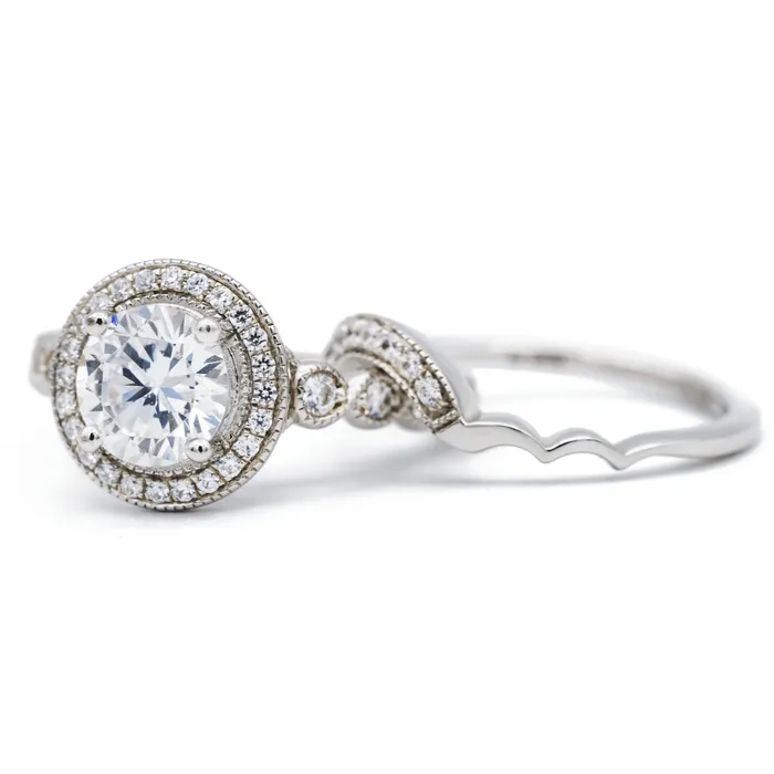 Fire Brilliance Rings 75mm Round Center 14K White Solid Gold Diamond Halo Milgrain Design Ring