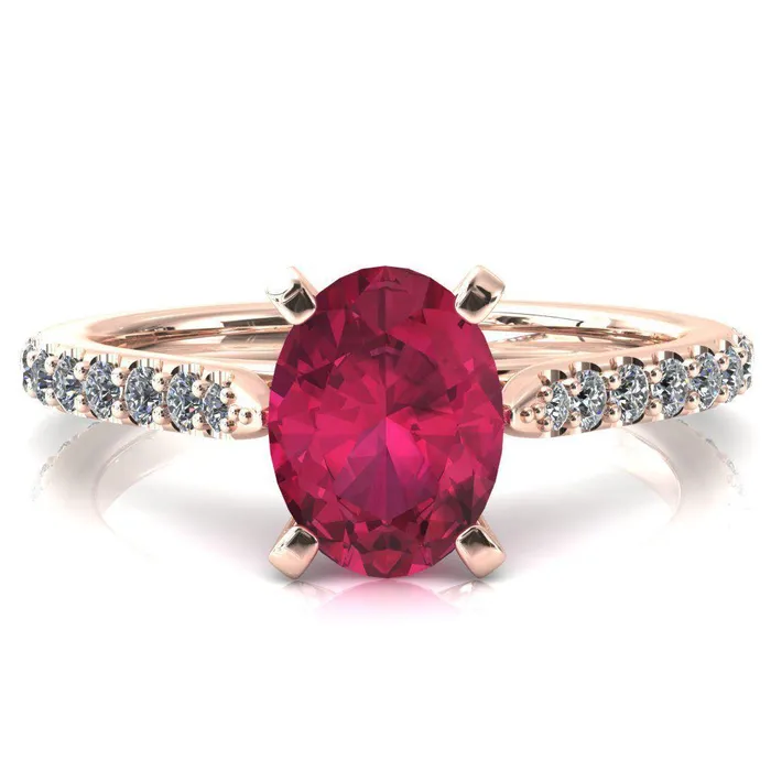 Fire Brilliance Rings Kelsy Oval Ruby 4 Prong 34 Shared Scalloped Inverted Cathedral Ring