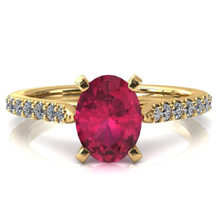 Fire Brilliance Rings Kelsy Oval Ruby 4 Prong 34 Shared Scalloped Inverted Cathedral Ring