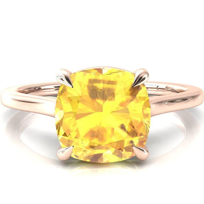 Fire Brilliance Rings Lizzy Cushion Yellow Sapphire 4 Claw Prong Cathedral Engagement Ring