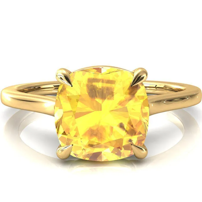 Fire Brilliance Rings Lizzy Cushion Yellow Sapphire 4 Claw Prong Cathedral Engagement Ring