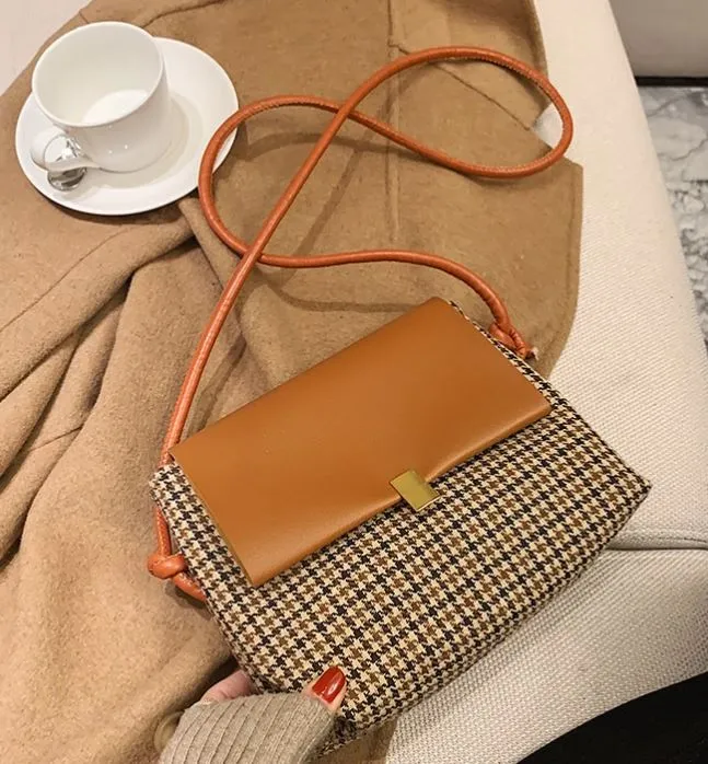 Necklaces 01 PB185 Light Brown Houndstooth Pattern Shoulder Bag