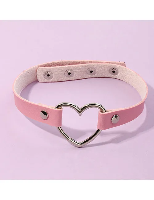 Necklaces N1499 Silver Heart Light Pink Leather Choker Necklace FREE Earrings 02 Necklaces N1499 Silver Heart Light Pink Leather Choker Necklace FREE Earrings 02