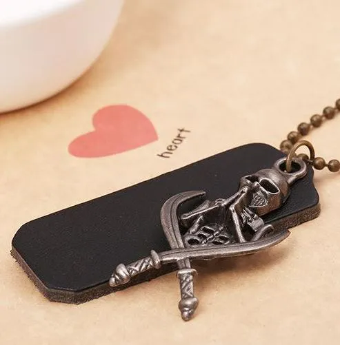 Necklaces N463 Black Leather Skeleton with Swords Necklace POLLY