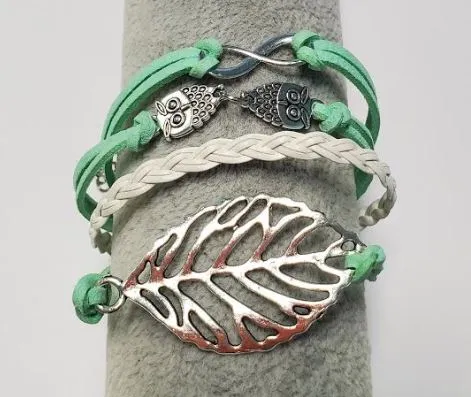 polly Bracelets B366 Mint Green Leaf Owl Infinity Leather Layered Bracelet