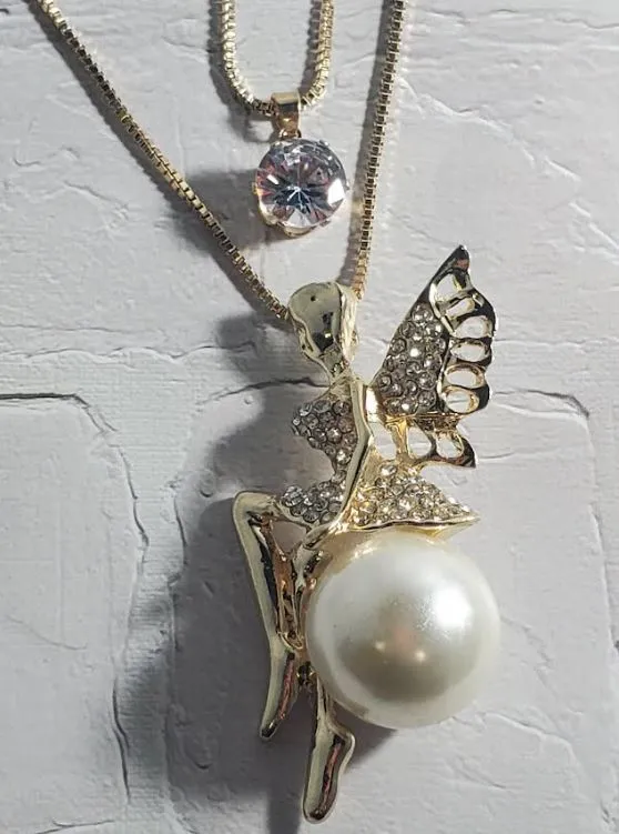 polly Necklaces AZ403 Gold Rhinestone Fairy Sitting on Pearl Necklace with FREE Earrings polly Necklaces AZ403 Gold Rhinestone Fairy Sitting on Pearl Necklace with FREE Earrings