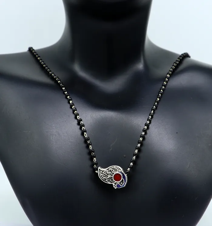 Pure 925 sterling silver black beads chain necklace gorgeous peacock design pendant traditional style brides mangalsutra necklace set171 TRIBAL ORNAMENTS Necklaces
