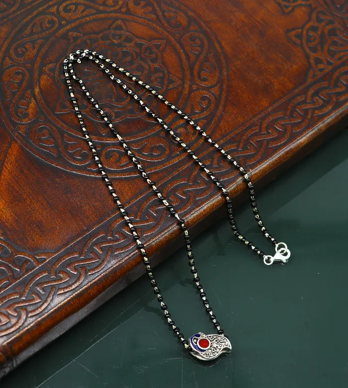 Pure 925 sterling silver black beads chain necklace gorgeous peacock design pendant traditional style brides mangalsutra necklace set171 TRIBAL ORNAMENTS Necklaces