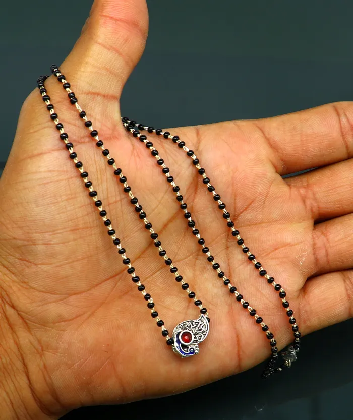 Pure 925 sterling silver black beads chain necklace gorgeous peacock design pendant traditional style brides mangalsutra necklace set171 TRIBAL ORNAMENTS Necklaces