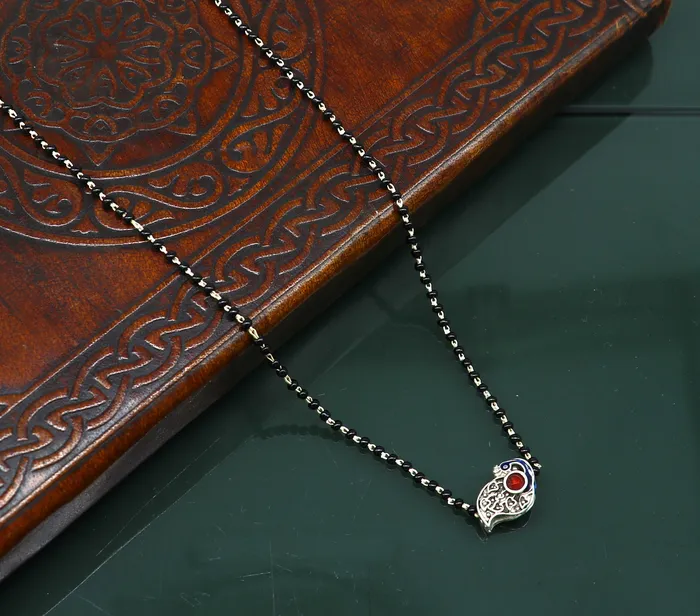 Pure 925 sterling silver black beads chain necklace gorgeous peacock design pendant traditional style brides mangalsutra necklace set171 TRIBAL ORNAMENTS Necklaces