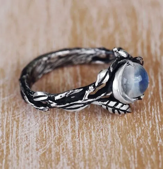 R293 Silver Opal Gem Leaves Vine Ring alice Rings