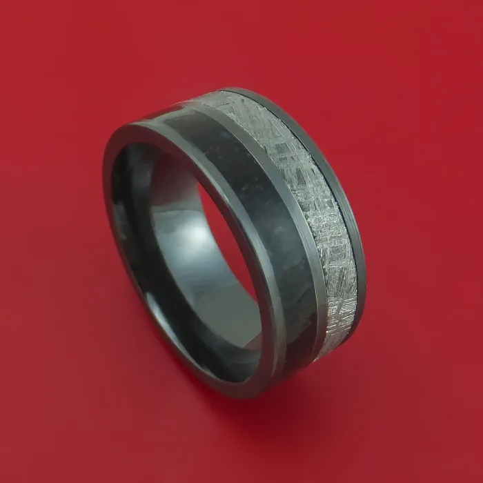 Rings Black Zirconium Ring with Dinosaur Bone and Gibeon Meteorite Inlays Custom Made Band Lashbrook Rings Black Zirconium Ring with Dinosaur Bone and Gibeon Meteorite Inlays Custom Made Band Lashbrook