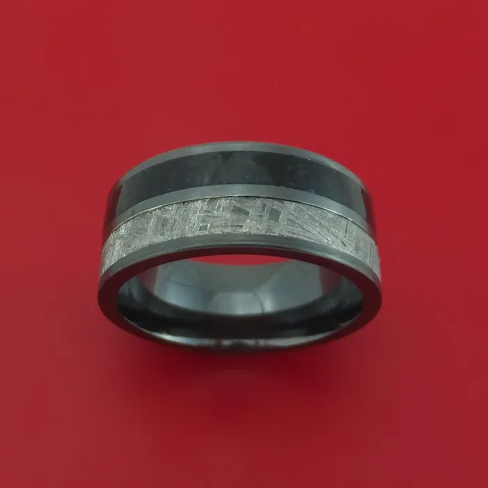 Rings Black Zirconium Ring with Dinosaur Bone and Gibeon Meteorite Inlays Custom Made Band Lashbrook Rings Black Zirconium Ring with Dinosaur Bone and Gibeon Meteorite Inlays Custom Made Band Lashbrook