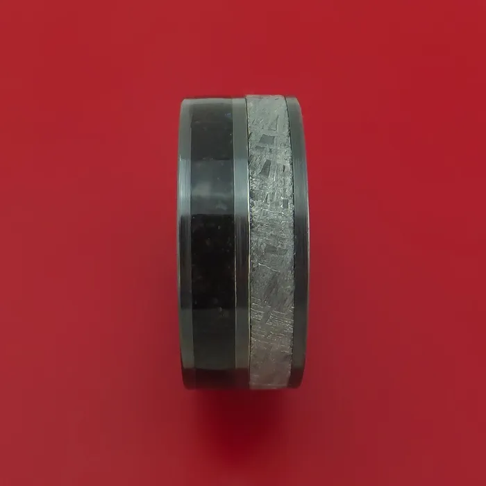 Rings Black Zirconium Ring with Dinosaur Bone and Gibeon Meteorite Inlays Custom Made Band Lashbrook Rings Black Zirconium Ring with Dinosaur Bone and Gibeon Meteorite Inlays Custom Made Band Lashbrook