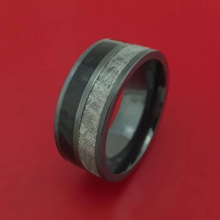 Rings Black Zirconium Ring with Dinosaur Bone and Gibeon Meteorite Inlays Custom Made Band Lashbrook Rings Black Zirconium Ring with Dinosaur Bone and Gibeon Meteorite Inlays Custom Made Band Lashbrook