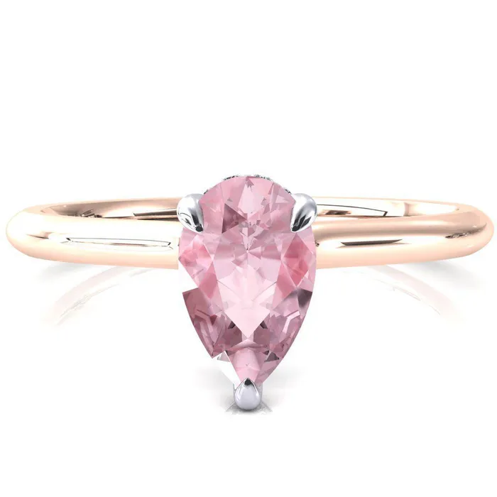 Rings Fire Brilliance Janey Pear Pink Sapphire 3 Prongs Claw Floating Halo Inverted Cathedral Ring