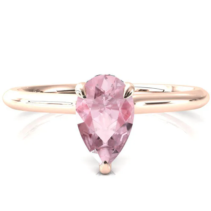 Rings Fire Brilliance Janey Pear Pink Sapphire 3 Prongs Claw Floating Halo Inverted Cathedral Ring