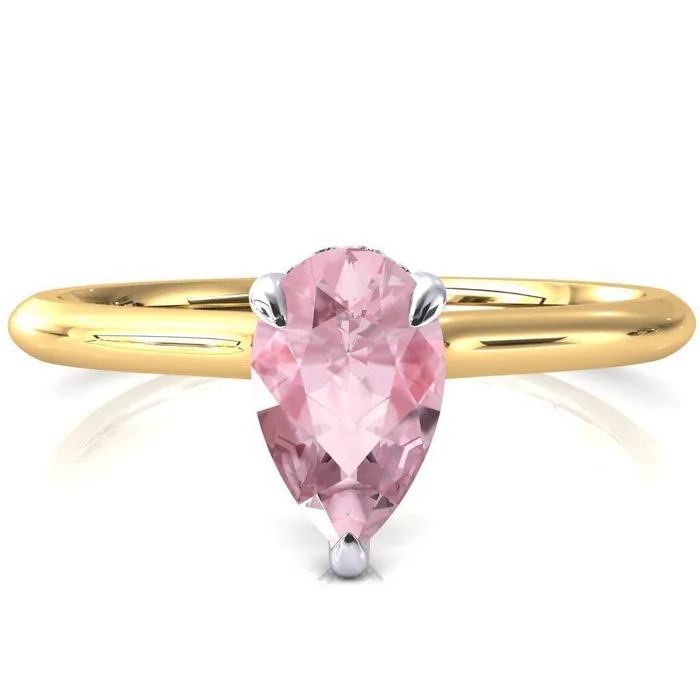 Rings Fire Brilliance Janey Pear Pink Sapphire 3 Prongs Claw Floating Halo Inverted Cathedral Ring
