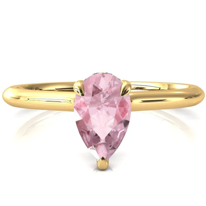Rings Fire Brilliance Janey Pear Pink Sapphire 3 Prongs Claw Floating Halo Inverted Cathedral Ring