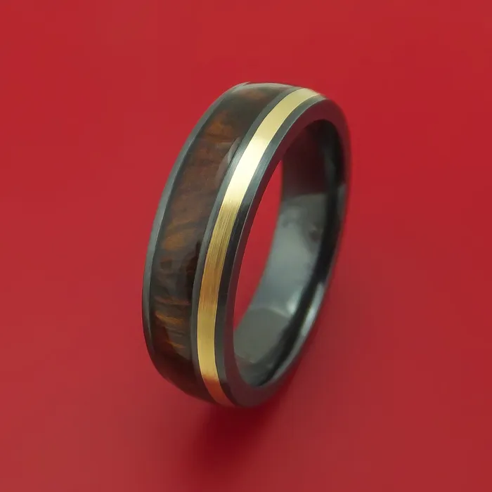 Rings Lashbrook Black Zirconium Ring with 14k Yellow Gold and Hardwood Inlays Custom Made Band Rings Lashbrook Black Zirconium Ring with 14k Yellow Gold and Hardwood Inlays Custom Made Band