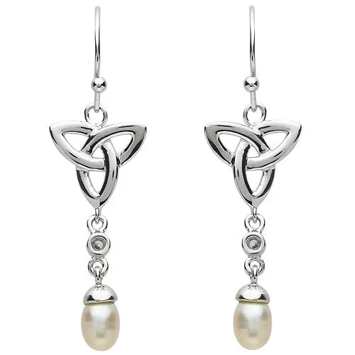 Shanore Earrings PlatinumWare Trinity Knot White Stone Pearl Drop Earrings Shanore Earrings PlatinumWare Trinity Knot White Stone Pearl Drop Earrings