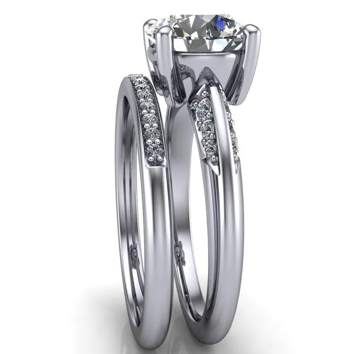 Sharon Round Center Stone Timeless Quad Diamonds Design Engagement Ring Fire Brilliance Rings