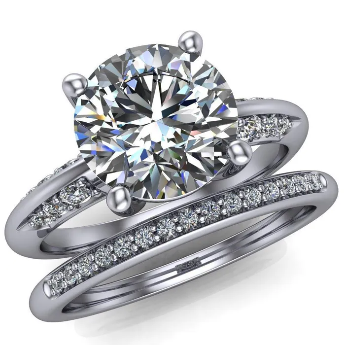 Sharon Round Center Stone Timeless Quad Diamonds Design Engagement Ring Fire Brilliance Rings