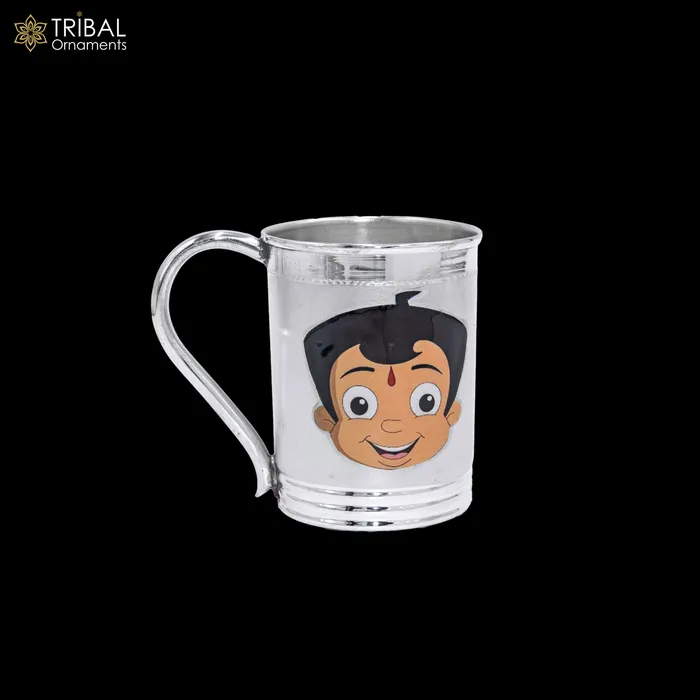 TRIBAL ORNAMENTS 925 sterling silver handmade Chota bheem cartoon design coffee cup or water milk cup tumbler silver baby food flask silver kids utensils gift sv302 Rings