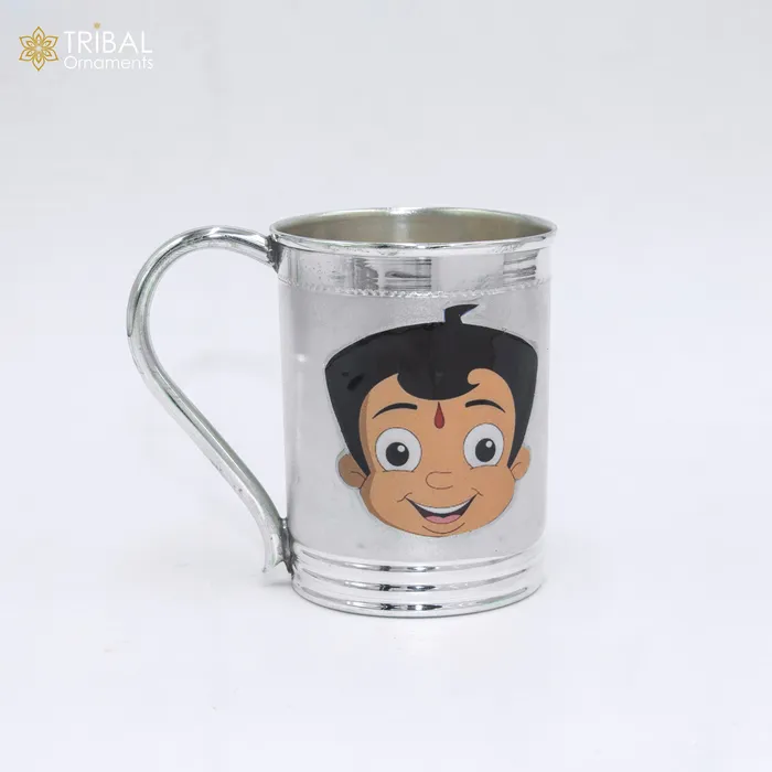 TRIBAL ORNAMENTS 925 sterling silver handmade Chota bheem cartoon design coffee cup or water milk cup tumbler silver baby food flask silver kids utensils gift sv302 Rings