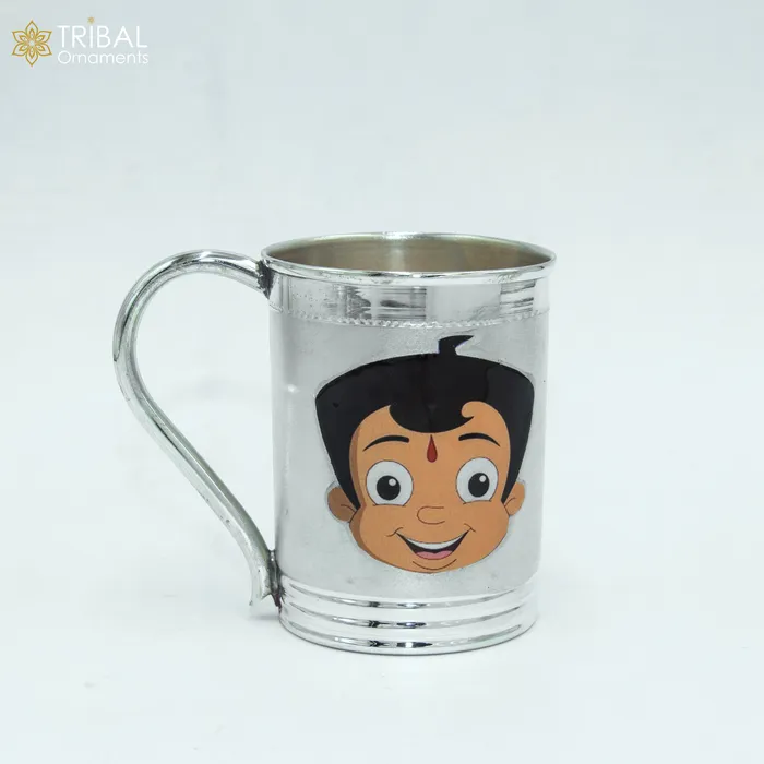 TRIBAL ORNAMENTS 925 sterling silver handmade Chota bheem cartoon design coffee cup or water milk cup tumbler silver baby food flask silver kids utensils gift sv302 Rings