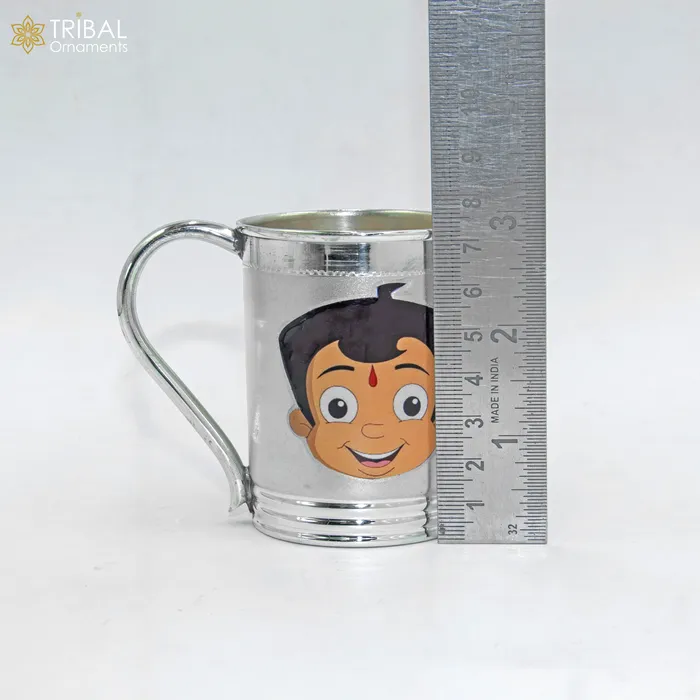 TRIBAL ORNAMENTS 925 sterling silver handmade Chota bheem cartoon design coffee cup or water milk cup tumbler silver baby food flask silver kids utensils gift sv302 Rings