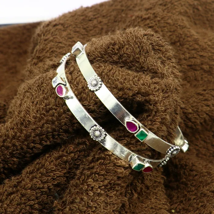 TRIBAL ORNAMENTS Bracelets exclusive unique design handmade 925 sterling silver plain design green red stone bangles bracelet tribal stylish fancy jewelry nba118