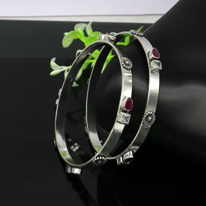TRIBAL ORNAMENTS Bracelets exclusive unique design handmade 925 sterling silver plain design green red stone bangles bracelet tribal stylish fancy jewelry nba118