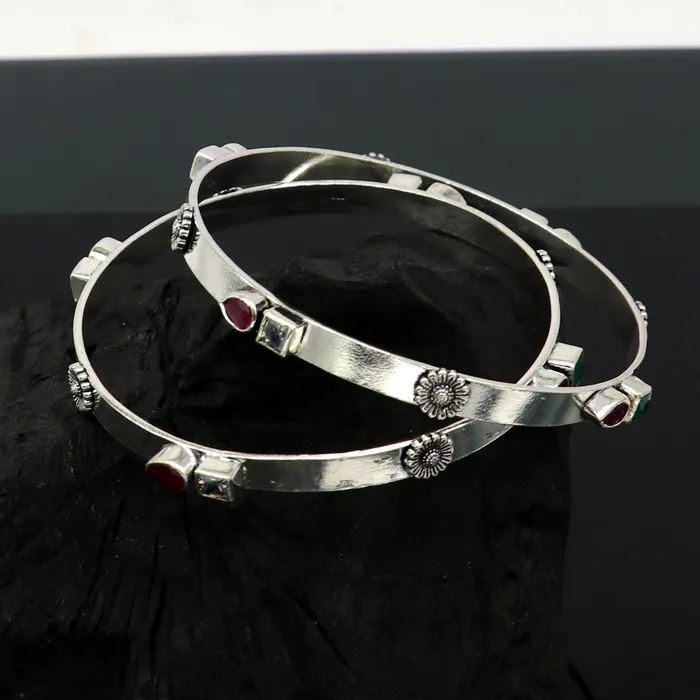 TRIBAL ORNAMENTS Bracelets exclusive unique design handmade 925 sterling silver plain design green red stone bangles bracelet tribal stylish fancy jewelry nba118