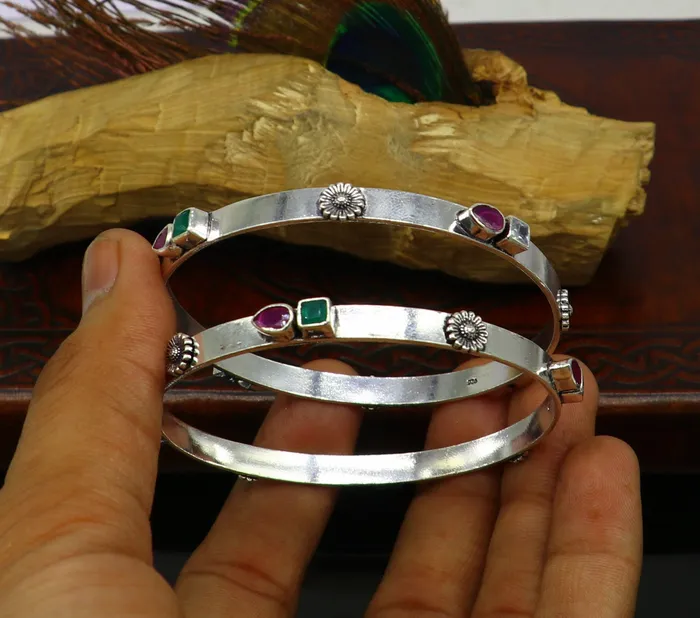 TRIBAL ORNAMENTS Bracelets exclusive unique design handmade 925 sterling silver plain design green red stone bangles bracelet tribal stylish fancy jewelry nba118