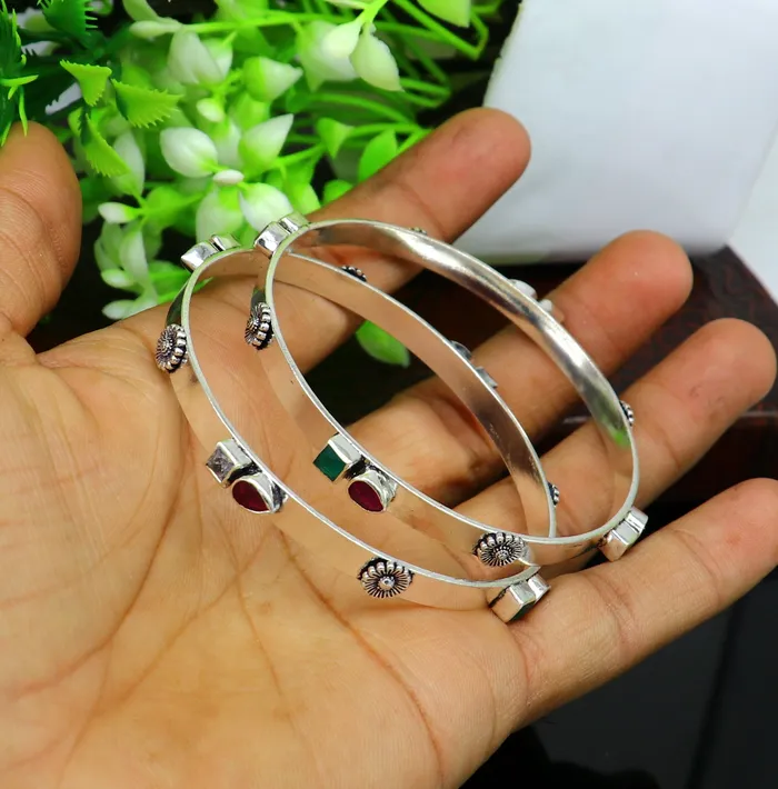 TRIBAL ORNAMENTS Bracelets exclusive unique design handmade 925 sterling silver plain design green red stone bangles bracelet tribal stylish fancy jewelry nba118
