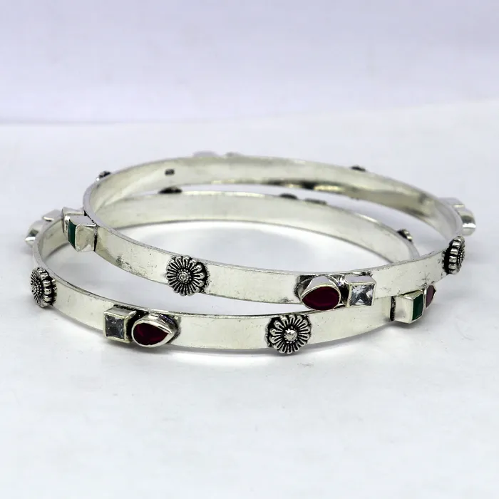 TRIBAL ORNAMENTS Bracelets exclusive unique design handmade 925 sterling silver plain design green red stone bangles bracelet tribal stylish fancy jewelry nba118