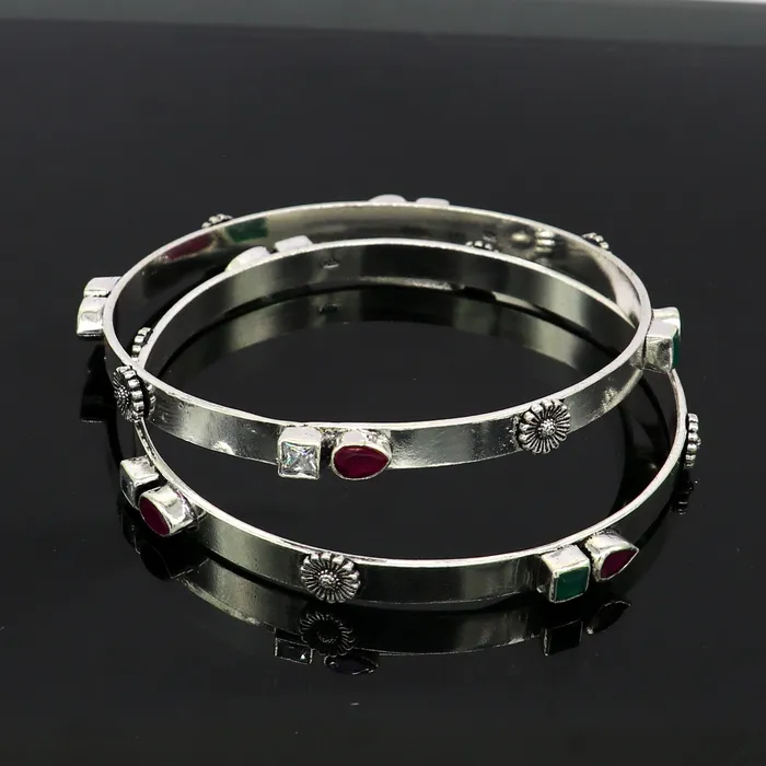 TRIBAL ORNAMENTS Bracelets exclusive unique design handmade 925 sterling silver plain design green red stone bangles bracelet tribal stylish fancy jewelry nba118