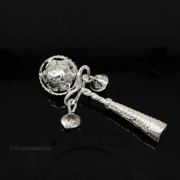 TRIBAL ORNAMENTS Necklaces Solid sterling silver handmade design new born baby gifting bells toy baby krishna gifting toy silver whistle silver temple article su407