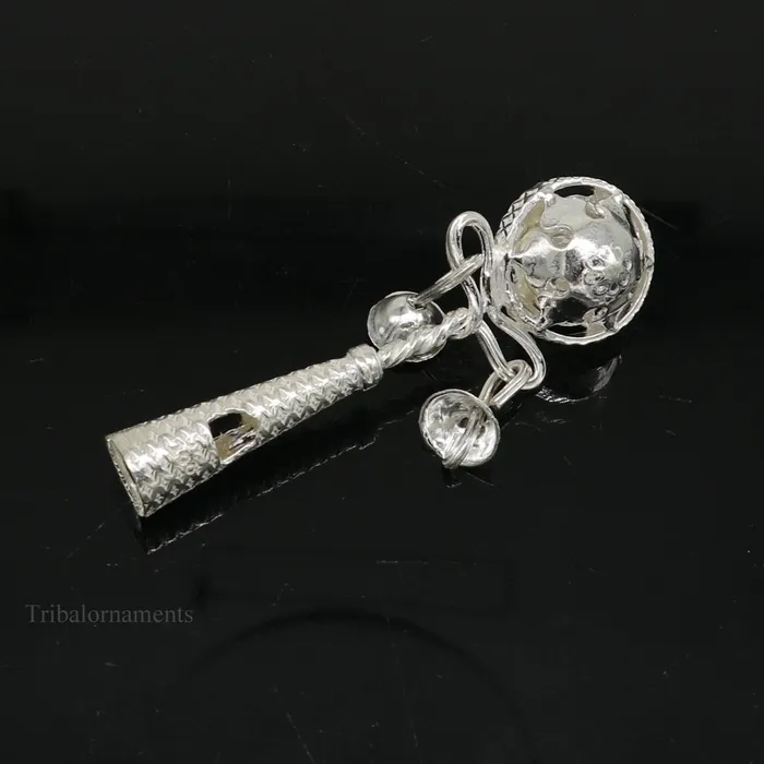 TRIBAL ORNAMENTS Necklaces Solid sterling silver handmade design new born baby gifting bells toy baby krishna gifting toy silver whistle silver temple article su407