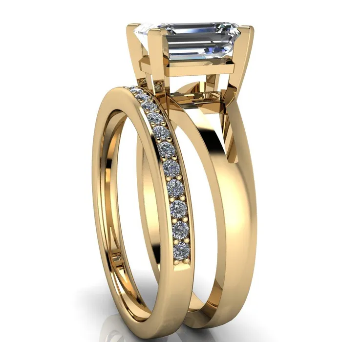 Versailles Emerald Center Stone Split Shank Under Bezel 4 Prong Ring Fire Brilliance Rings